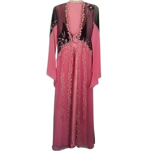 Vintage Elegant Pink Black Satin Chiffon Embroidered Long Nightgown And Robe